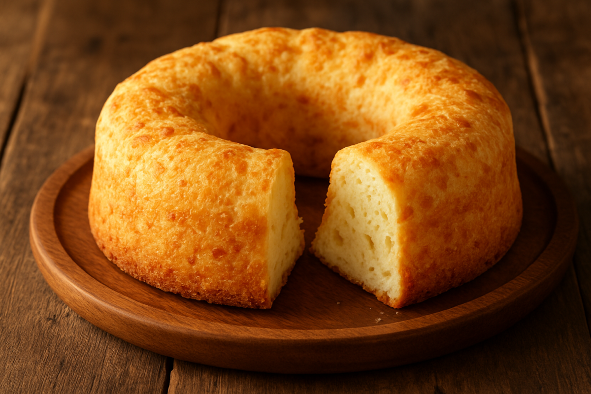 pão de queijo em forma de pudim dourado e fofinho, fatiado sobre prato de madeira