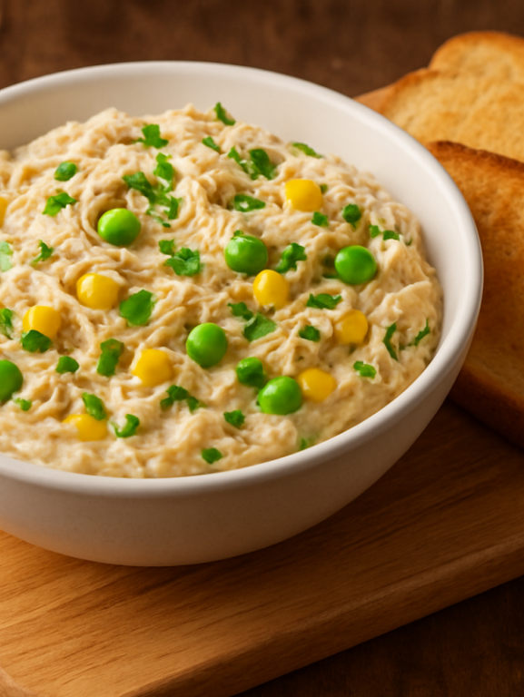 pastinha deliciosa de frango cremosa com legumes servida em cumbuca branca com pão de forma