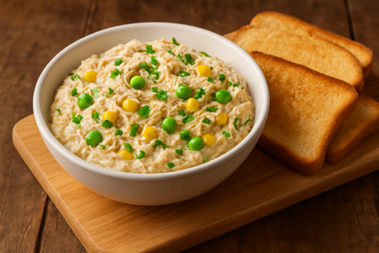 pastinha deliciosa de frango cremosa com legumes servida em cumbuca branca com pão de forma