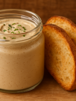 patê de proteína de soja vegano cremoso em pote de vidro com ervas e torradas ao lado
