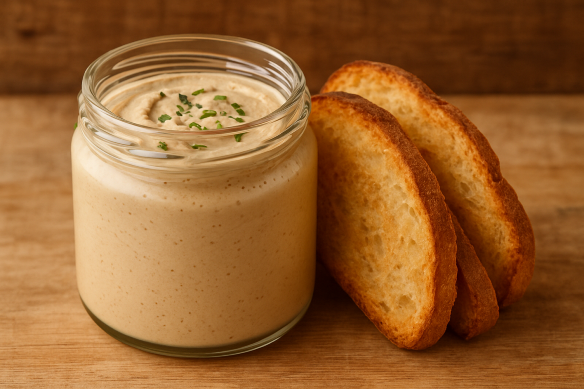patê de proteína de soja vegano cremoso em pote de vidro com ervas e torradas ao lado