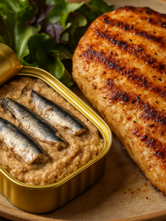 patê de sardinha em lata cremoso servido em tigela branca com torradas e biscoitos salgados