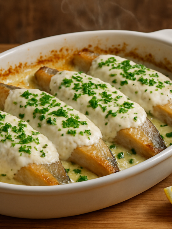 Peixe assado ao molho de iogurte e ricota em refratário branco com crosta dourada e cheiro-verde