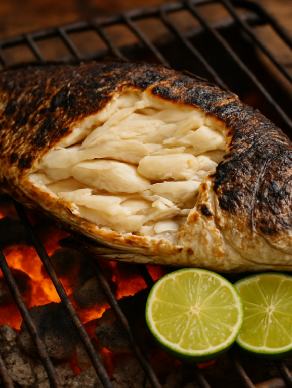 Peixe assado na brasa inteiro com escamas escurecidas e carne suculenta, servido com limão e ervas frescas
