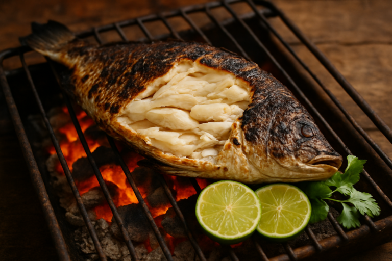 Peixe assado na brasa inteiro com escamas escurecidas e carne suculenta, servido com limão e ervas frescas