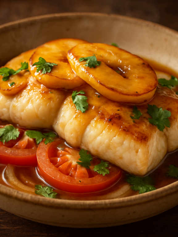 Peixe com maçã caramelizada servido em prato de cerâmica com coentro fresco e tomates
