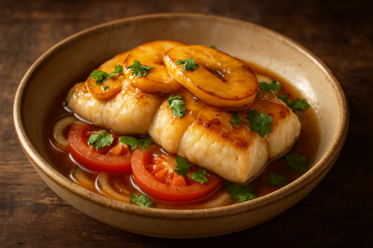 Peixe com maçã caramelizada servido em prato de cerâmica com coentro fresco e tomates