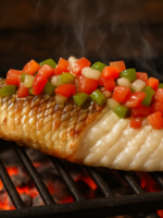 peixe grelhado à moda do interior na churrasqueira com vinagrete caseiro e sal grosso