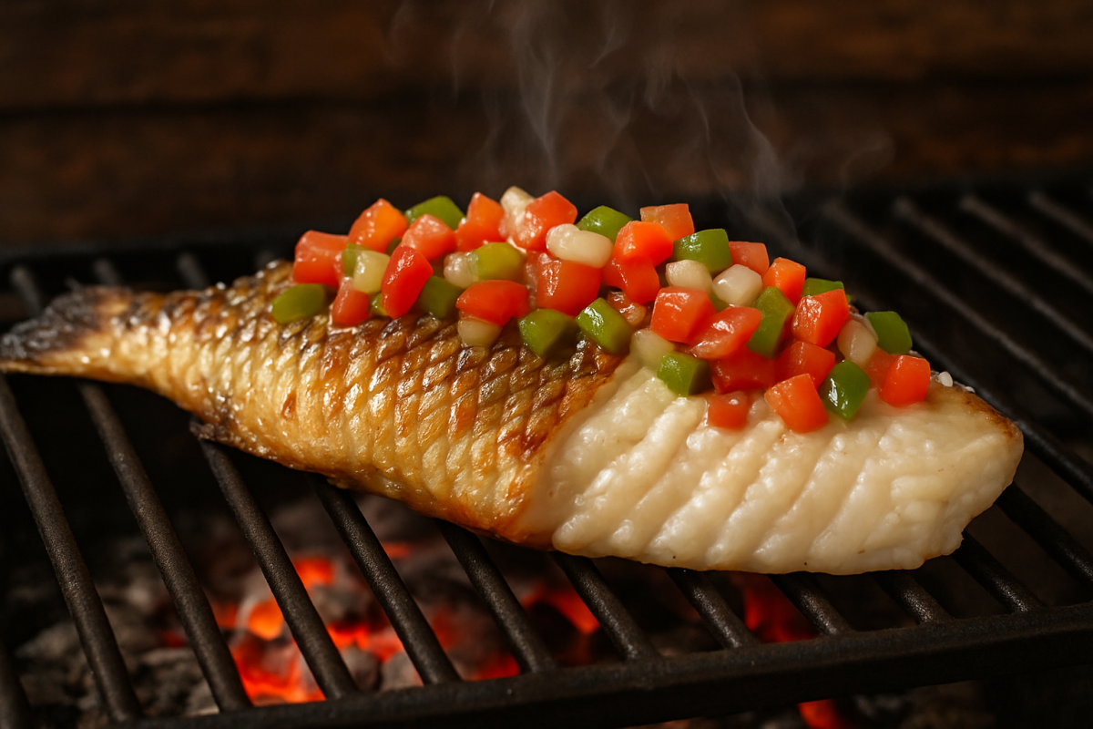 peixe grelhado à moda do interior na churrasqueira com vinagrete caseiro e sal grosso