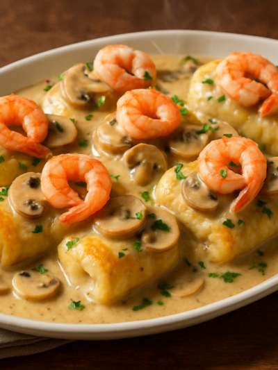 peixe majestoso com rolinhos de filé recheados de camarão ao molho de vinho branco com cogumelos e creme de leite em travessa branca