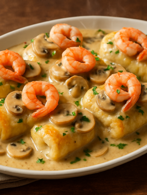 peixe majestoso com rolinhos de filé recheados de camarão ao molho de vinho branco com cogumelos e creme de leite em travessa branca