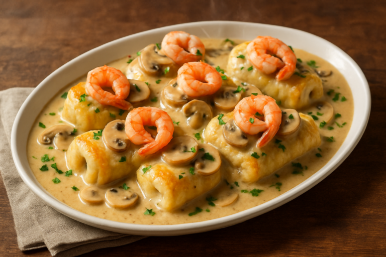 peixe majestoso com rolinhos de filé recheados de camarão ao molho de vinho branco com cogumelos e creme de leite em travessa branca