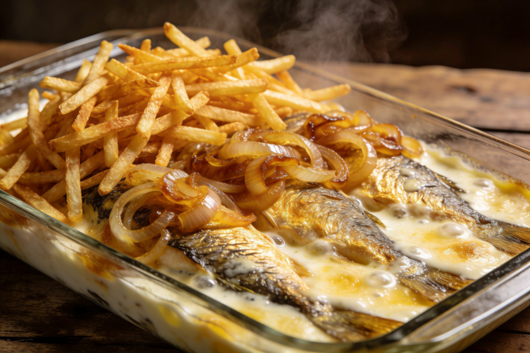 Peixe Surpresa suculento ao creme de mostarda com cebola dourada e batata palha crocante em travessa de vidro