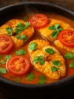 peixe urucum em postas na panela de barro com caldo alaranjado e coentro fresco