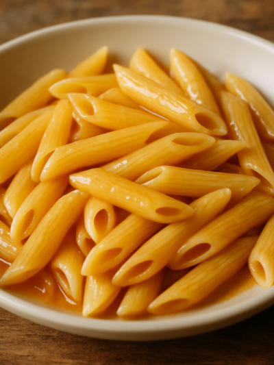 penne com iogurte natural, queijo branco, cenoura ralada e folhas de hortelã em travessa branca