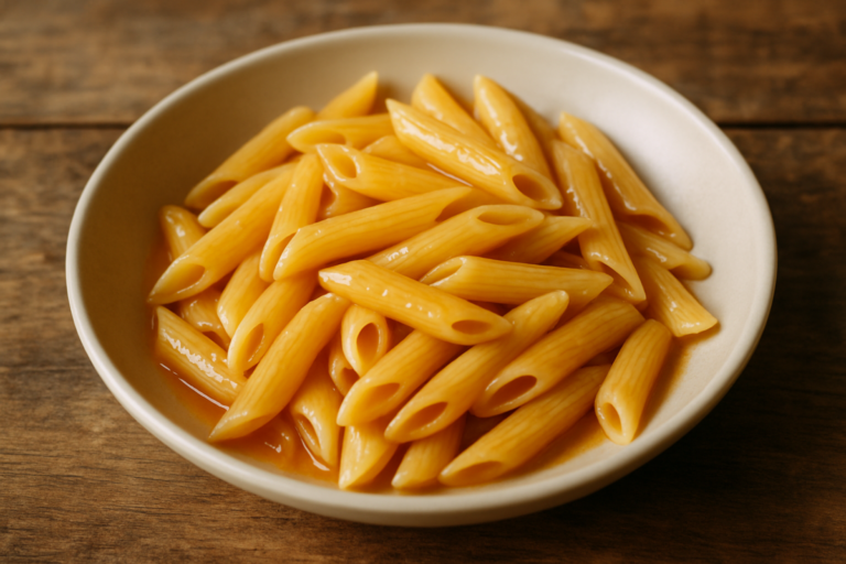 penne com iogurte natural, queijo branco, cenoura ralada e folhas de hortelã em travessa branca