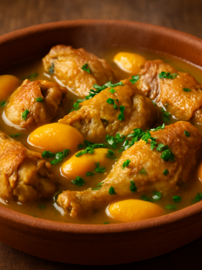 Pequi com frango caipira em travessa de barro com caldo dourado e cheiro-verde