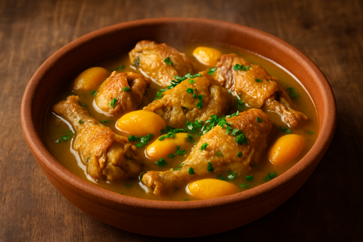 Pequi com frango caipira em travessa de barro com caldo dourado e cheiro-verde