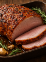 Pernil de porco assado dourado e suculento com crosta crocante em assadeira rústica