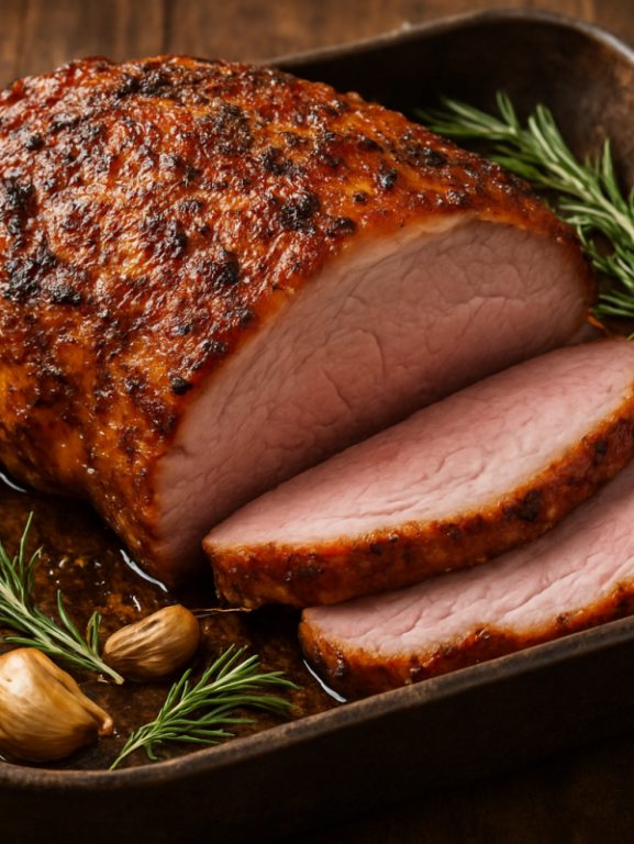 Pernil de porco assado dourado e suculento com crosta crocante em assadeira rústica