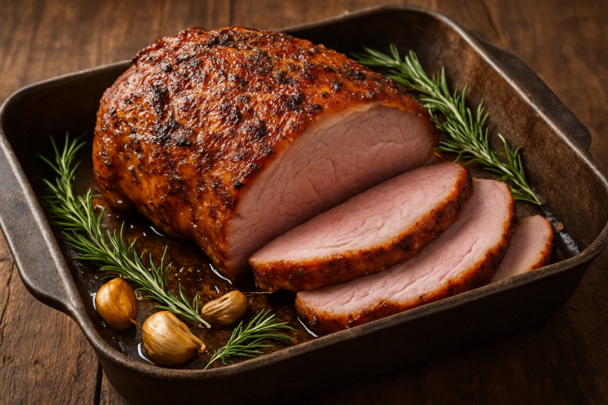 Pernil de porco assado dourado e suculento com crosta crocante em assadeira rústica