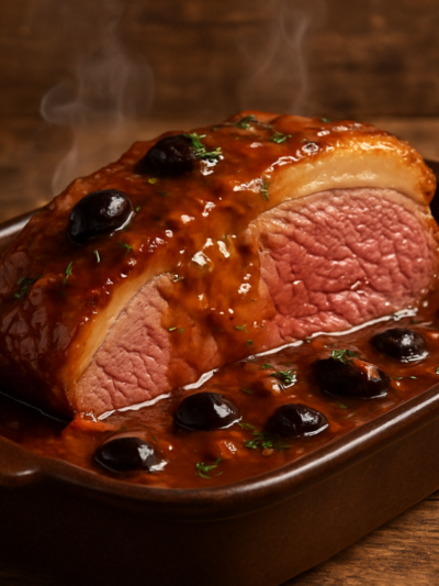 Picanha na cerveja suculenta fatiada em refratário com molho escuro e azeitonas pretas