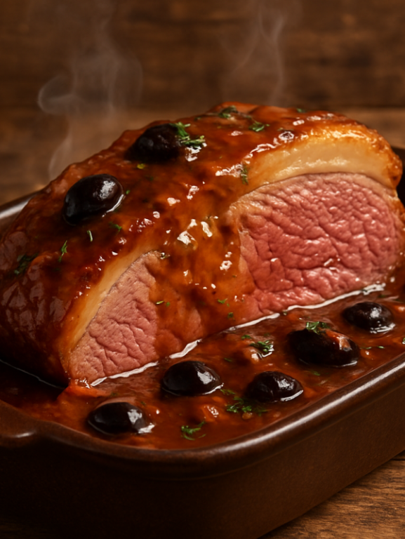 Picanha na cerveja suculenta fatiada em refratário com molho escuro e azeitonas pretas