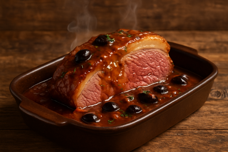 Picanha na cerveja suculenta fatiada em refratário com molho escuro e azeitonas pretas
