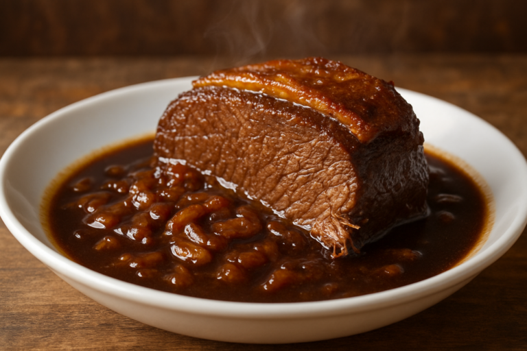 picanha na panela de pressão fatiada com molho de cerveja preta em prato fundo branco