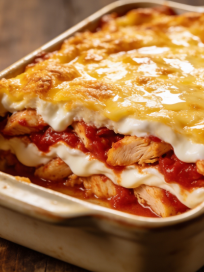 pirão de queijo com frango gratinado em refratário, superfície dourada e cremosa