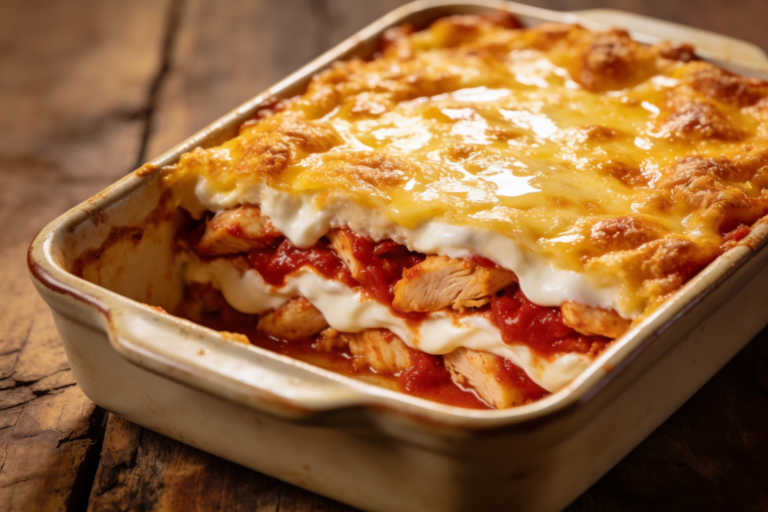 pirão de queijo com frango gratinado em refratário, superfície dourada e cremosa