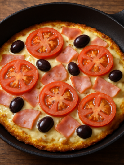 Pizza de ovo rápida na frigideira com queijo derretido, presunto e tomate, vista de cima