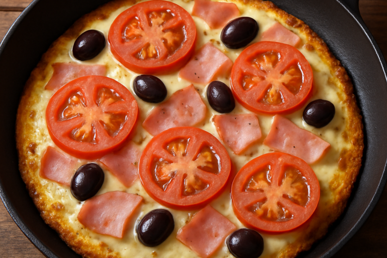 Pizza de ovo rápida na frigideira com queijo derretido, presunto e tomate, vista de cima
