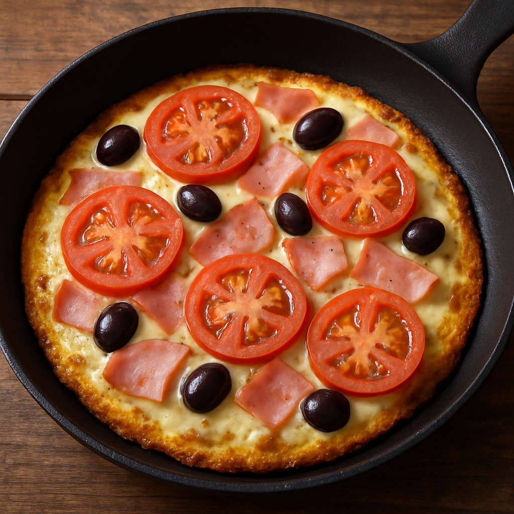 Pizza de ovo rápida na frigideira com queijo derretido, presunto e tomate, vista de cima