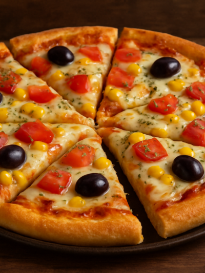 Pizza Econômica da Ivana caseira com massa de liquidificador, mussarela derretida, tomate, milho e azeitona