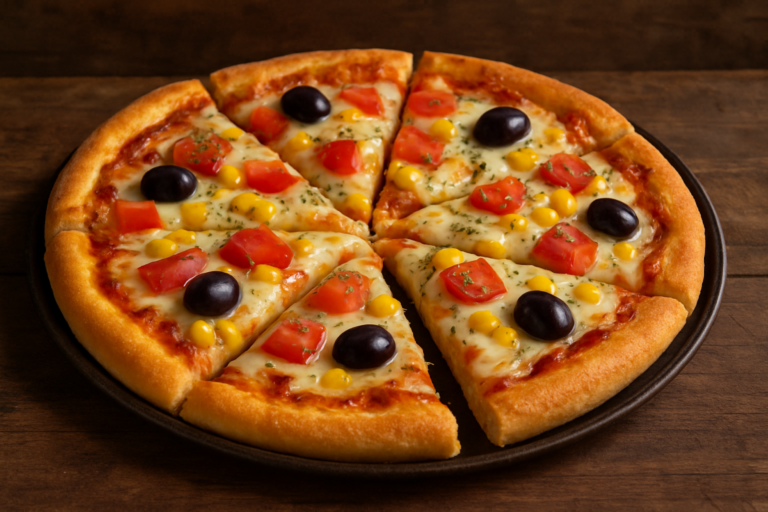 Pizza Econômica da Ivana caseira com massa de liquidificador, mussarela derretida, tomate, milho e azeitona