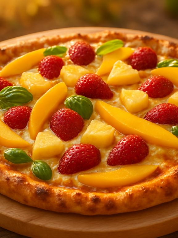 Pizza verão brasileiro com frutas tropicais, manga, abacaxi, morango, mussarela e fio de mel