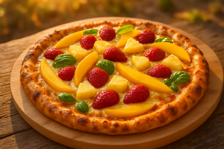 Pizza verão brasileiro com frutas tropicais, manga, abacaxi, morango, mussarela e fio de mel