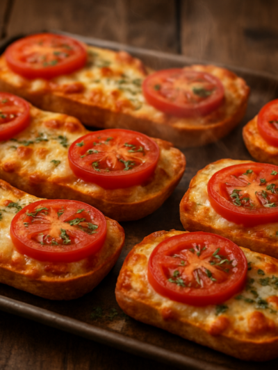 pizzas falsas para a criançada com baguete, mussarela derretida, presunto e catupiry em bandeja