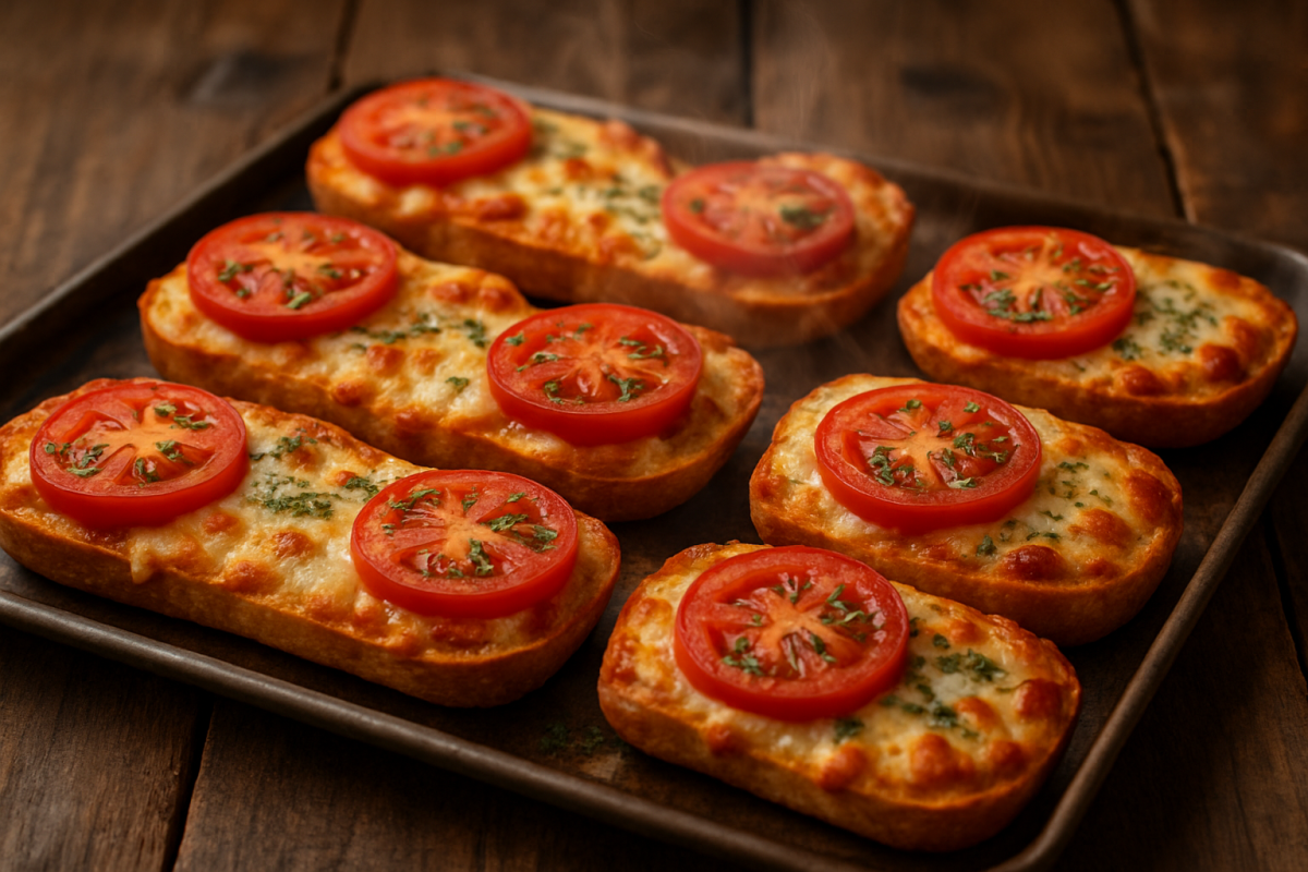 pizzas falsas para a criançada com baguete, mussarela derretida, presunto e catupiry em bandeja