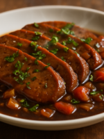 Prato vegetariano de seitan fatiado com molho de shoyu, cebola e salsa fresca em prato branco