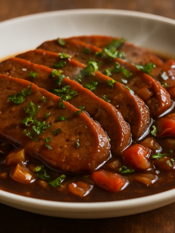 Prato vegetariano de seitan fatiado com molho de shoyu, cebola e salsa fresca em prato branco