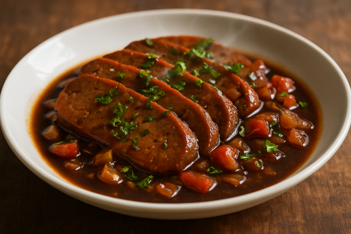 Prato vegetariano de seitan fatiado com molho de shoyu, cebola e salsa fresca em prato branco