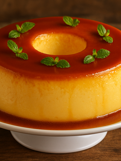 Pudim de liquidificador cremoso com calda de caramelo dourada em prato branco