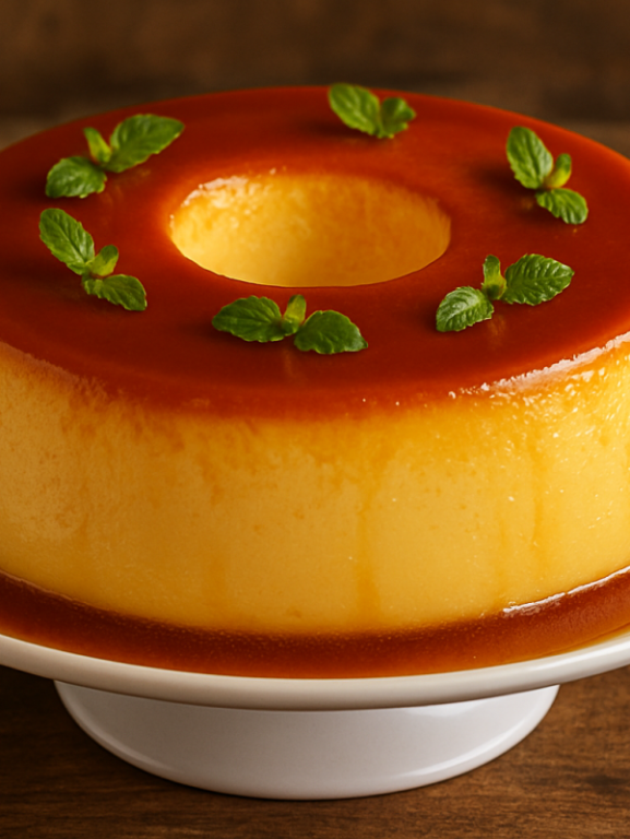 Pudim de liquidificador cremoso com calda de caramelo dourada em prato branco