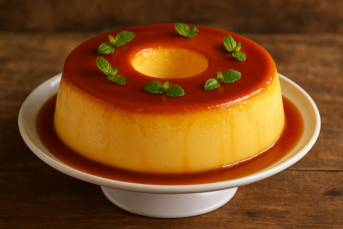 Pudim de liquidificador cremoso com calda de caramelo dourada em prato branco