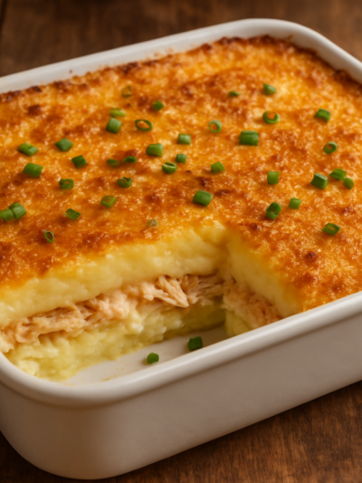 Purê de frango cremoso em travessa branca gratinado com queijo parmesão dourado e cebolinha picada