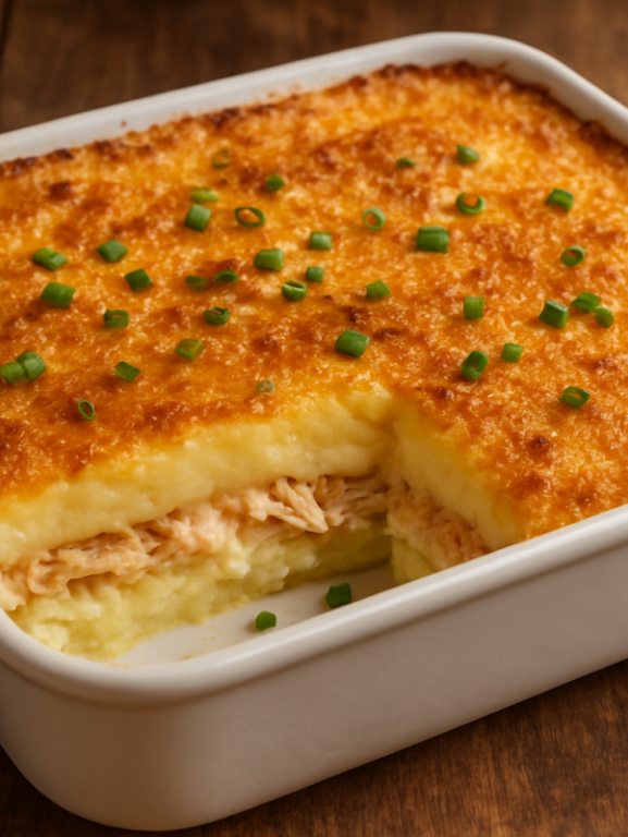Purê de frango cremoso em travessa branca gratinado com queijo parmesão dourado e cebolinha picada