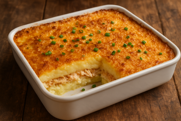 Purê de frango cremoso em travessa branca gratinado com queijo parmesão dourado e cebolinha picada