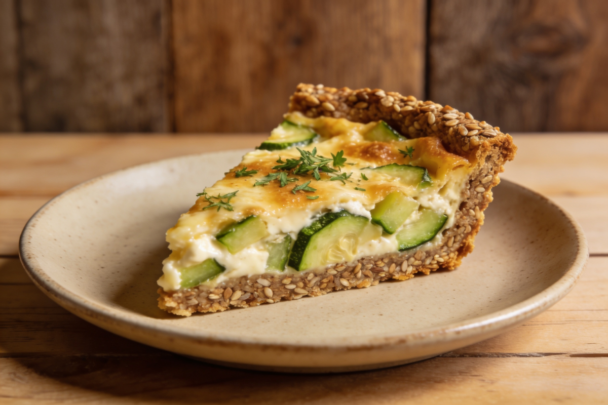 Fatia de quiche integral fácil com abobrinha, queijo e peito de peru em prato de cerâmica
